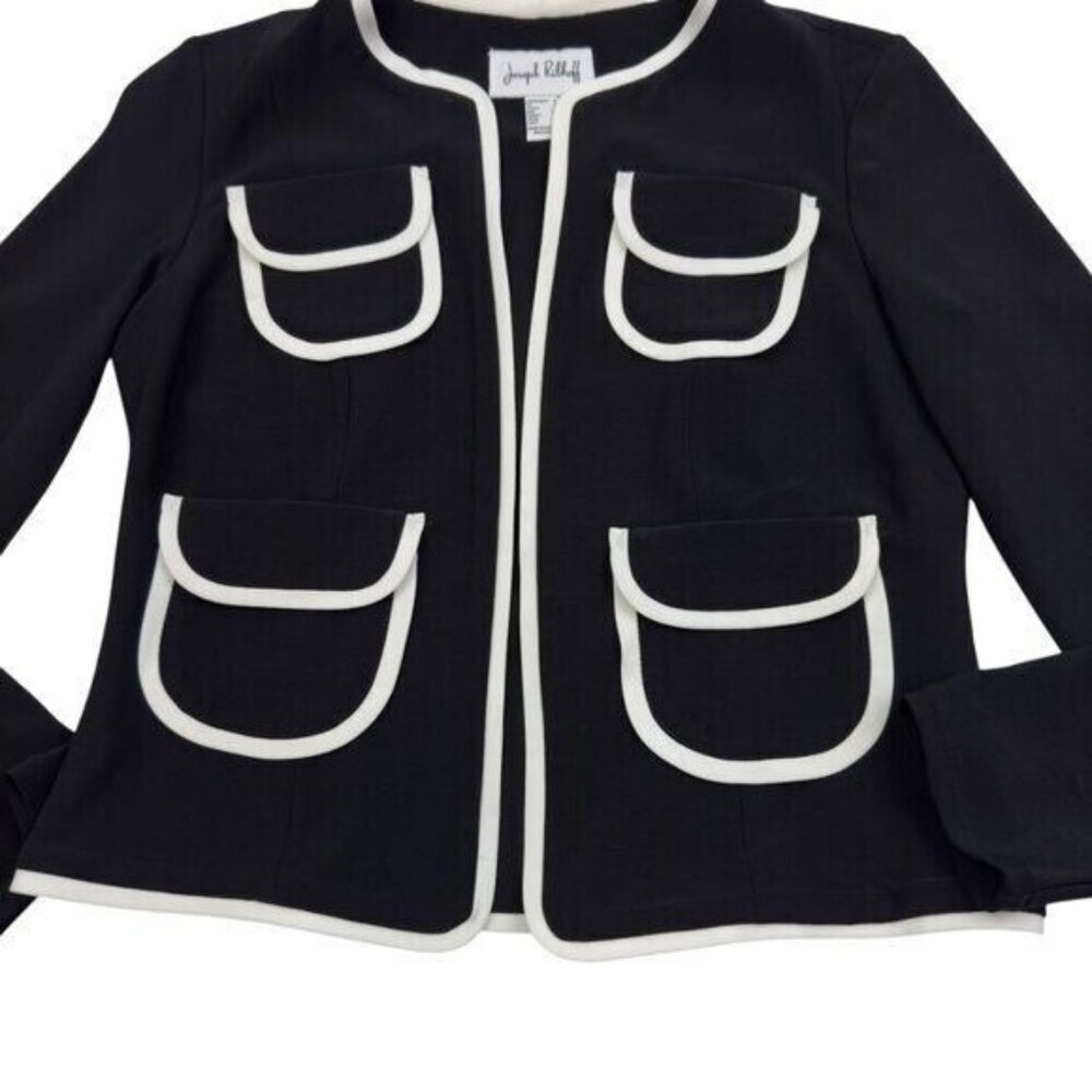 Joseph Ribkoff Black/White Piped Front Pocket Open Front Jacket Women's Size 6 - Picture 2 of 8